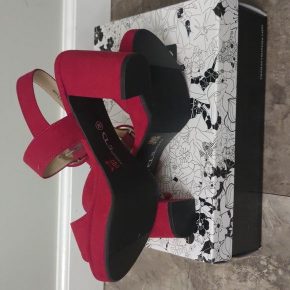 Ruby Red Suede Strap Chunky Heels - Picture 7 of 8